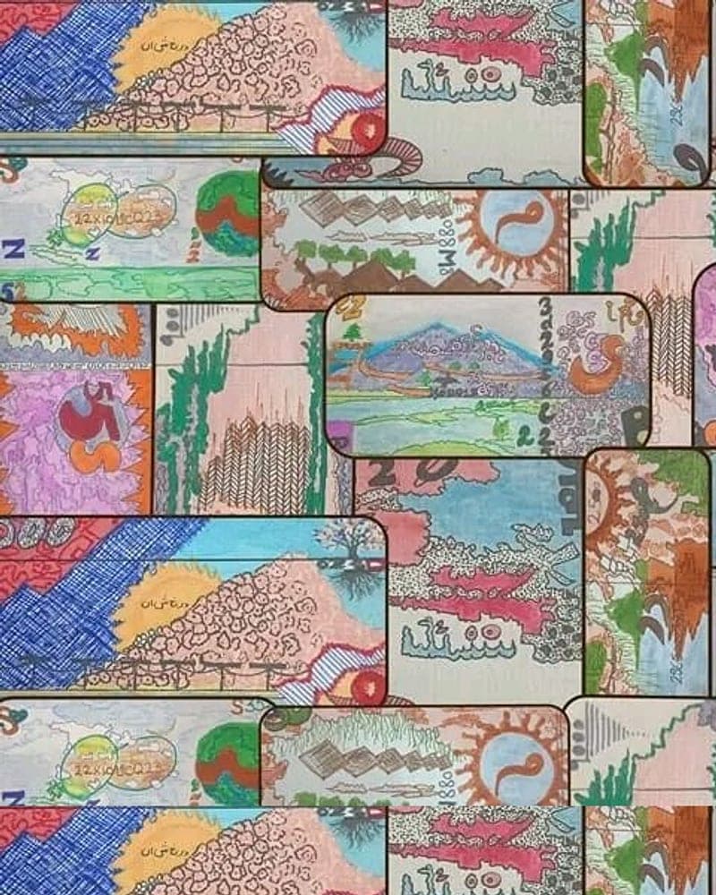 Detail from the artist’s collage of overlapping hand-painted banknote panels. A placeholder — not a photograph of this piece.