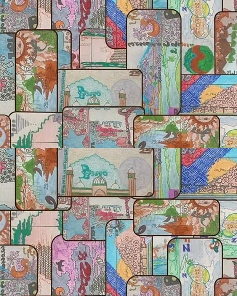 Detail from the artist’s collage of overlapping hand-painted banknote panels. A placeholder — not a photograph of this piece.