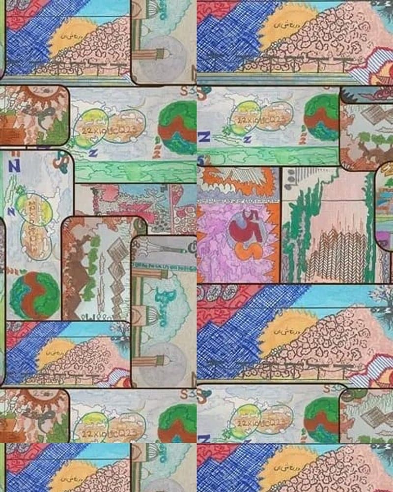 Detail from the artist’s collage of overlapping hand-painted banknote panels. A placeholder — not a photograph of this piece.