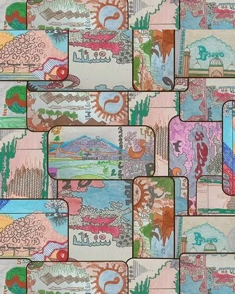 Detail from the artist’s collage of overlapping hand-painted banknote panels. A placeholder — not a photograph of this piece.
