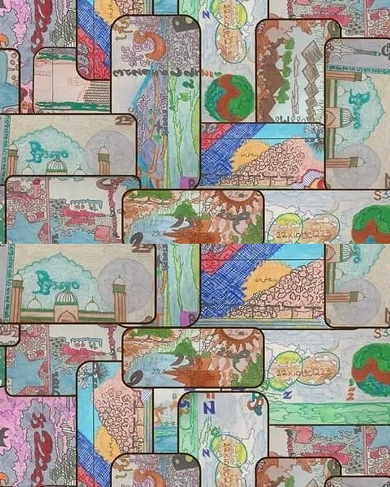 Detail from the artist’s collage of overlapping hand-painted banknote panels. A placeholder — not a photograph of this piece.