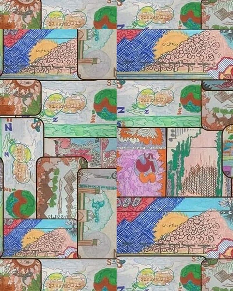 Detail from the artist’s collage of overlapping hand-painted banknote panels. A placeholder — not a photograph of this piece.