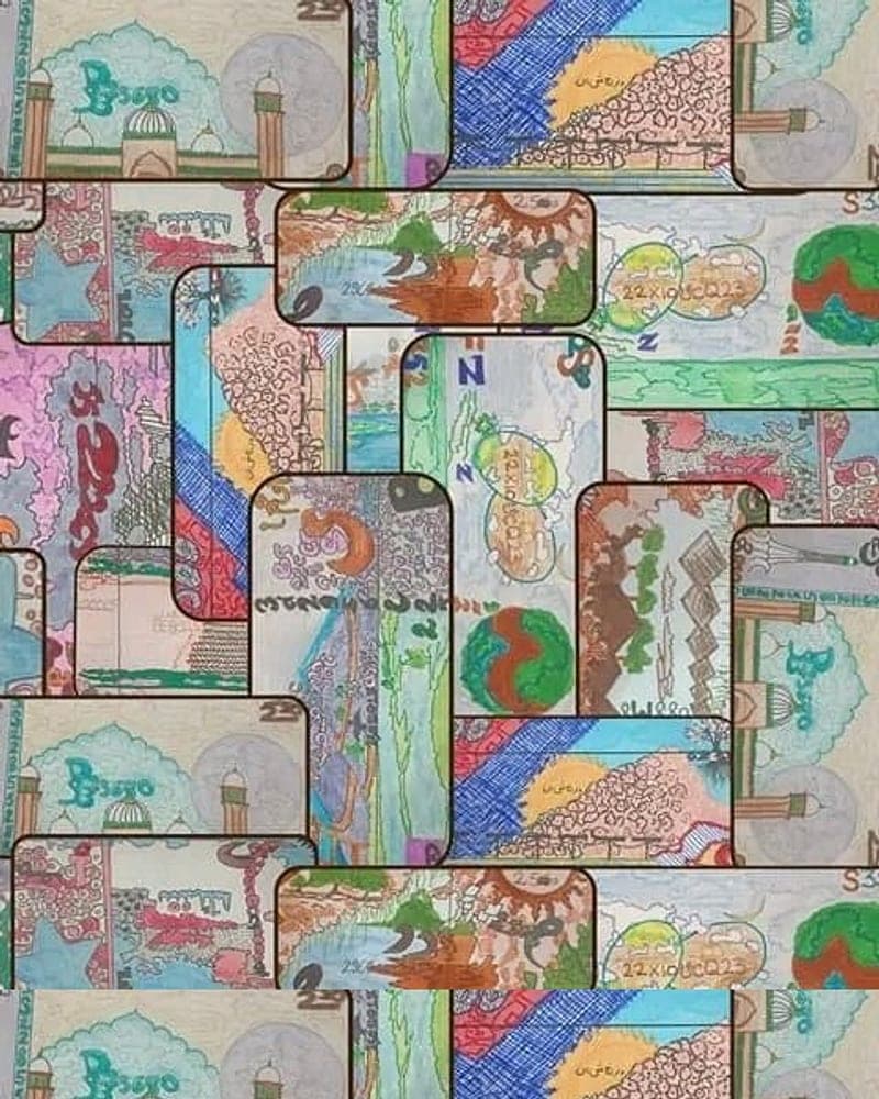 Detail from the artist’s collage of overlapping hand-painted banknote panels. A placeholder — not a photograph of this piece.