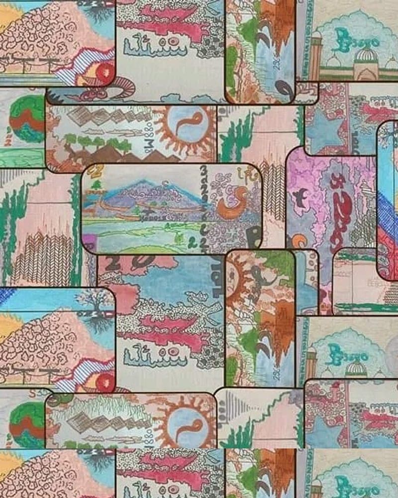 Detail from the artist’s collage of overlapping hand-painted banknote panels. A placeholder — not a photograph of this piece.