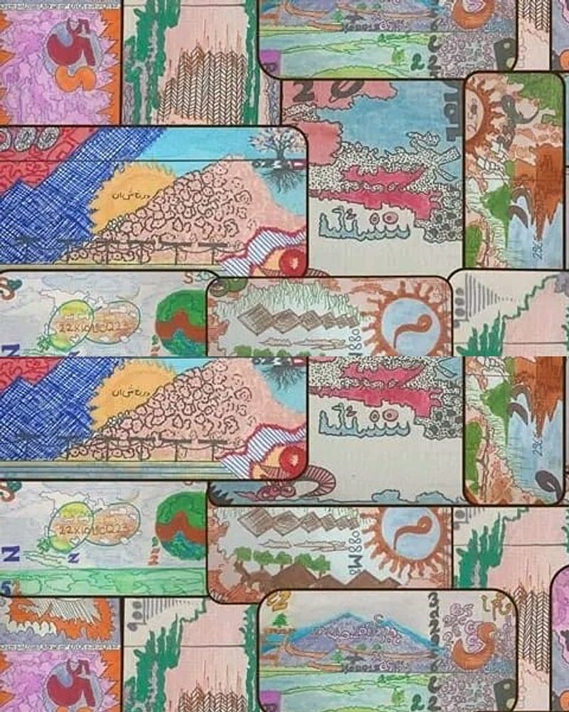 Detail from the artist’s collage of overlapping hand-painted banknote panels. A placeholder — not a photograph of this piece.