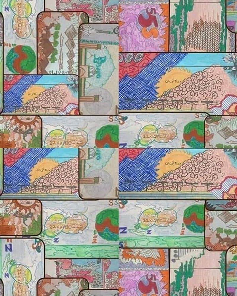 Detail from the artist’s collage of overlapping hand-painted banknote panels. A placeholder — not a photograph of this piece.