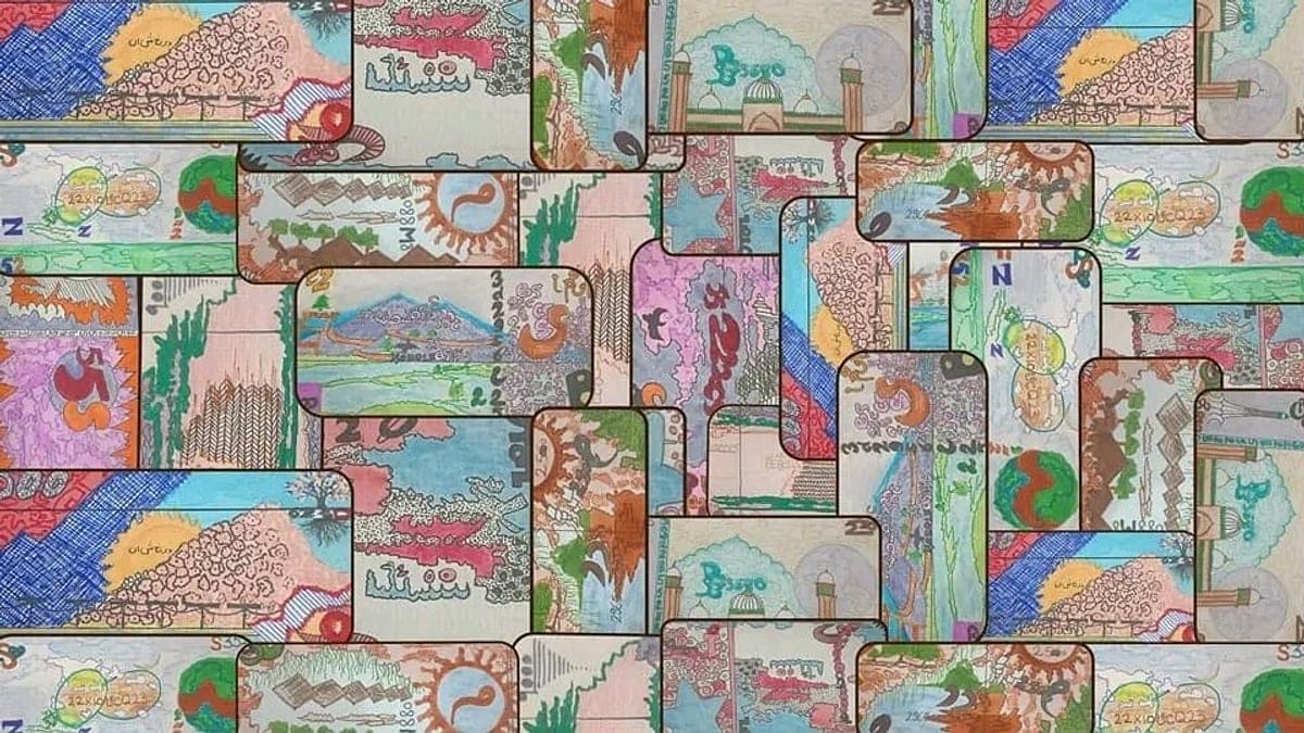 Detail from the artist’s collage of hand-painted banknote panels, used as this entry’s cover image.