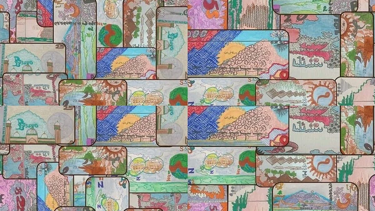 Detail from the artist’s collage of hand-painted banknote panels, used as this entry’s cover image.