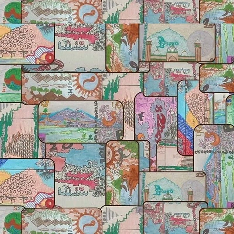 Detail from the artist’s collage of hand-painted banknote panels, shown in place of a photograph of the item itself.