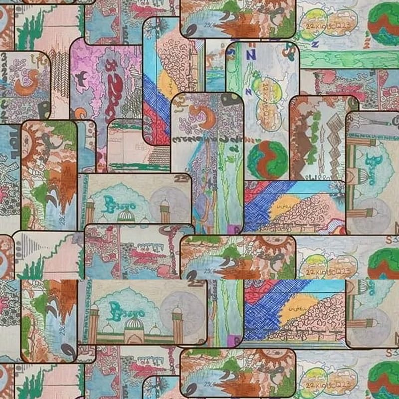 Detail from the artist’s collage of hand-painted banknote panels, shown in place of a photograph of the item itself.
