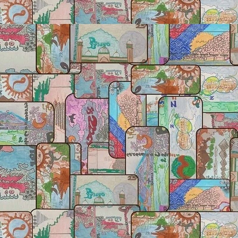 Detail from the artist’s collage of hand-painted banknote panels, shown in place of a photograph of the item itself.